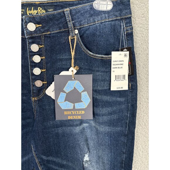 Indigo Rein Women's 5 Button Curvy Crops Denim Jeans Distressed 15 Dark Blue NWT - Picture 3 of 8